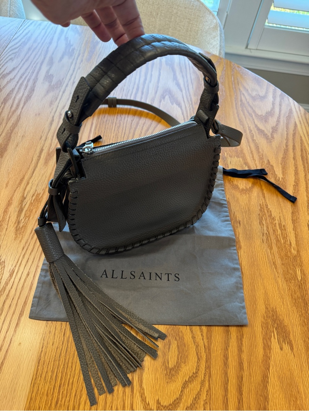 All Saints Dark Grey/Olive Leather Mini Saddle Bag with Tassel Handle